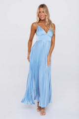 Polished Moment Satin Pleated Maxi Dress Blue