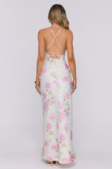 Romantic Muse Lace Floral Satin Maxi Dress Pink