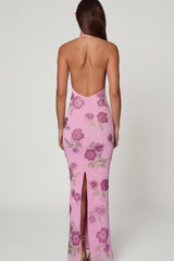 Embellished Halterneck Maxi Dress in Soft Pink