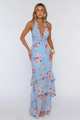 Floral Halter Twist Detail Tiered Maxi Dress Blue