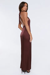 Outfit Energy Satin Halter Maxi Dress Chocolate