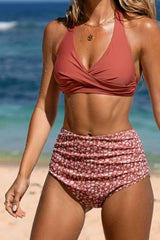 Brown Twist Bikini Top & Ditsy High-Waisted Bottoms Set