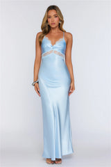 Satin Lace Twist Front Crisscross Maxi Dress Blue