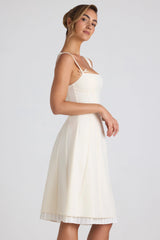 Bow-Detail Pleated A-Line Midi Dress in Ivory