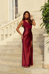 Dressing Elevated Halter Satin Maxi Dress Wine