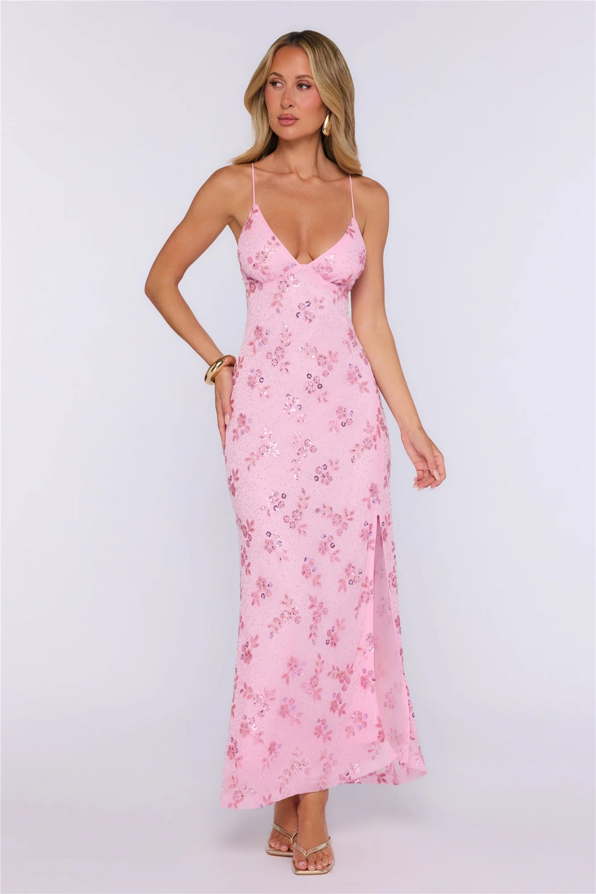 Stay Magnetic Mesh Beaded Maxi Dress Pink