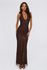 Winning Look Embellished Halter Maxi Dress Chocolate