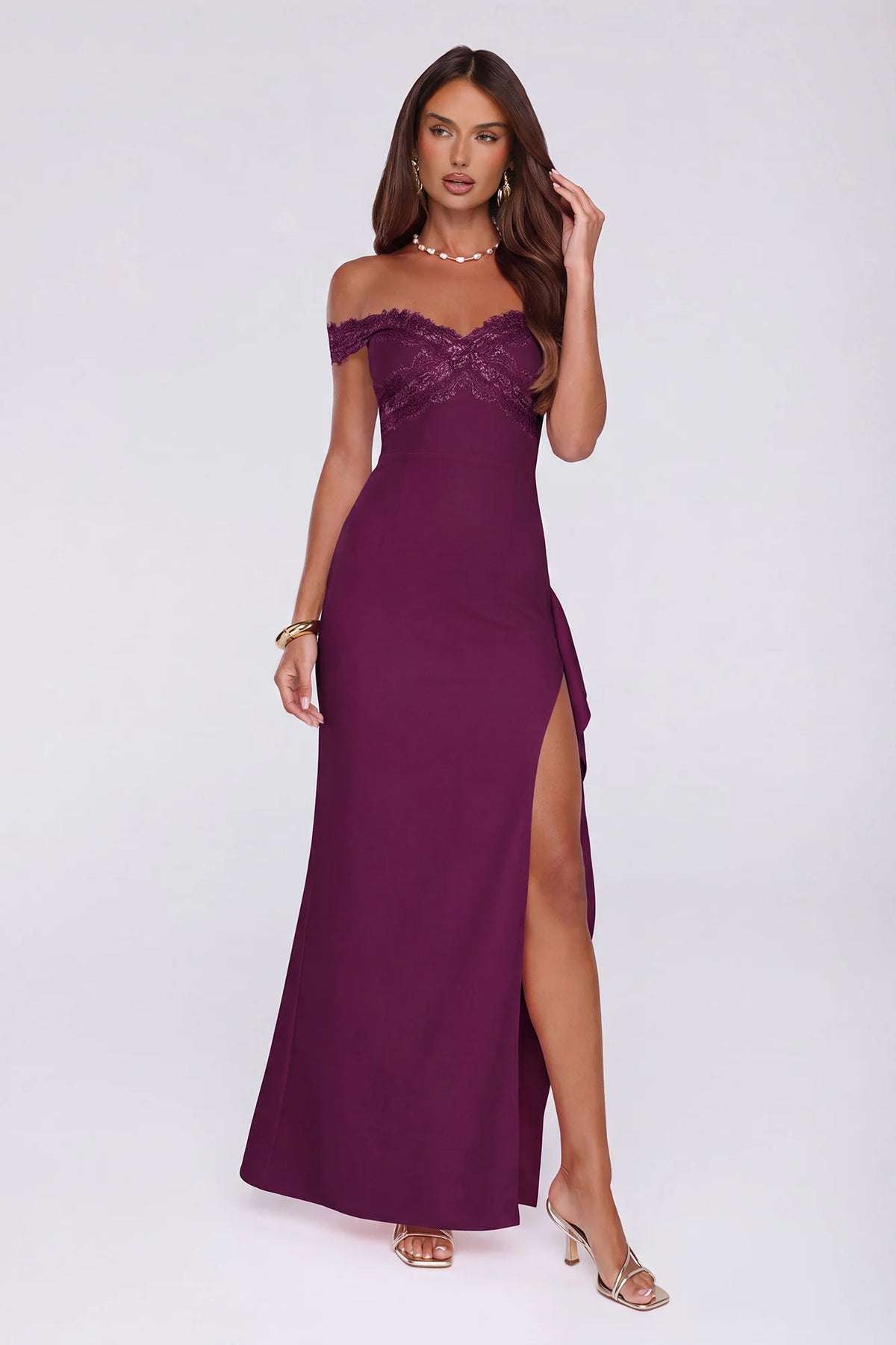 Ethereal Lace Off Shoulder Maxi Dress Plum