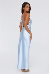 Social Diary Off Shoulder Satin Maxi Dress Blue