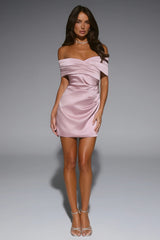 Fancy Night Out Off Shoulder Satin Mini Dress Rose