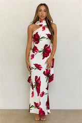 Elegant Satin Neck Scarf Maxi Dress Red