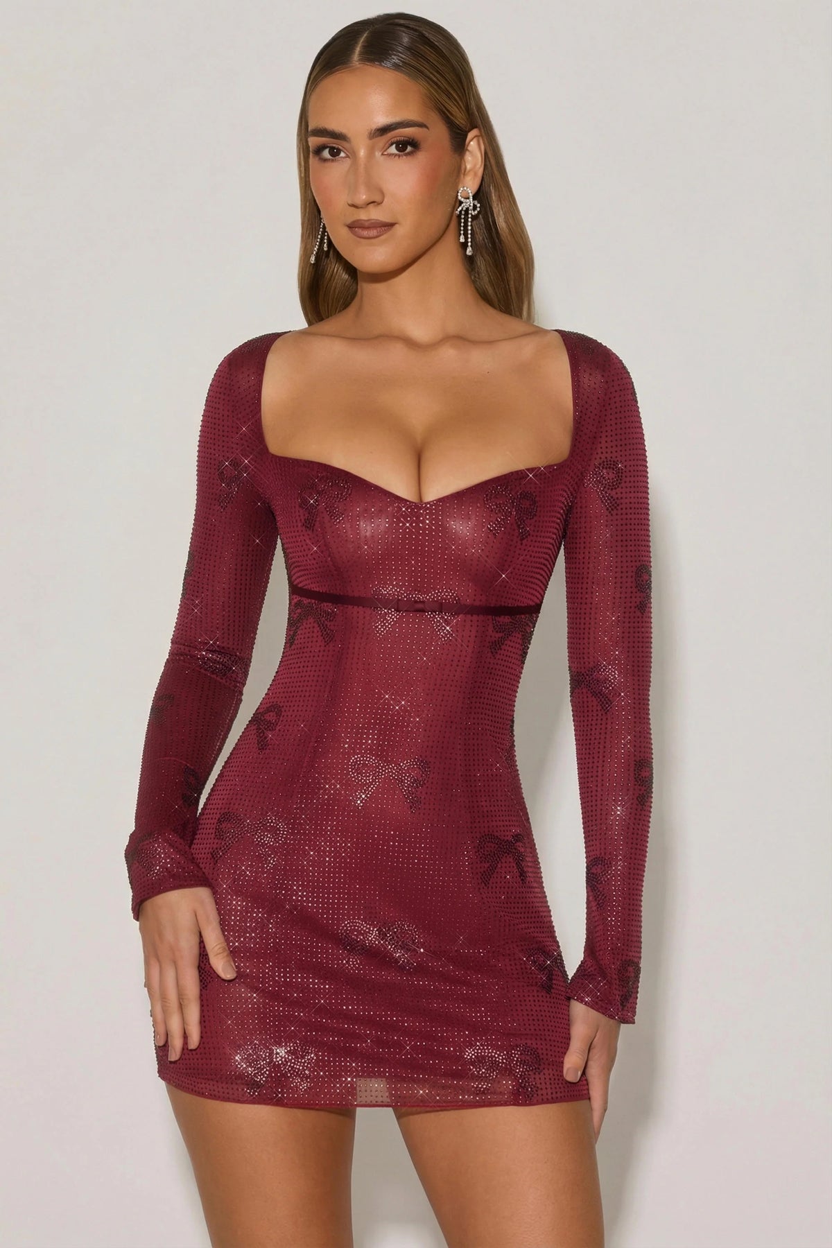 Embellished Sweetheart A-Line Mini Dress in Wine Red