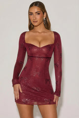 Embellished Sweetheart A-Line Mini Dress in Wine Red
