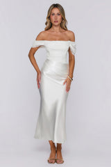 Love Looks Good Lace Satin Off Shoulder Maxi Dress White