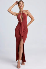 Hardware Detail Cut-Out Halterneck Maxi Dress in Sienna