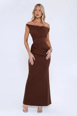 Caught In The Spotlight Off Shoulder Maxi Dress Chocolate