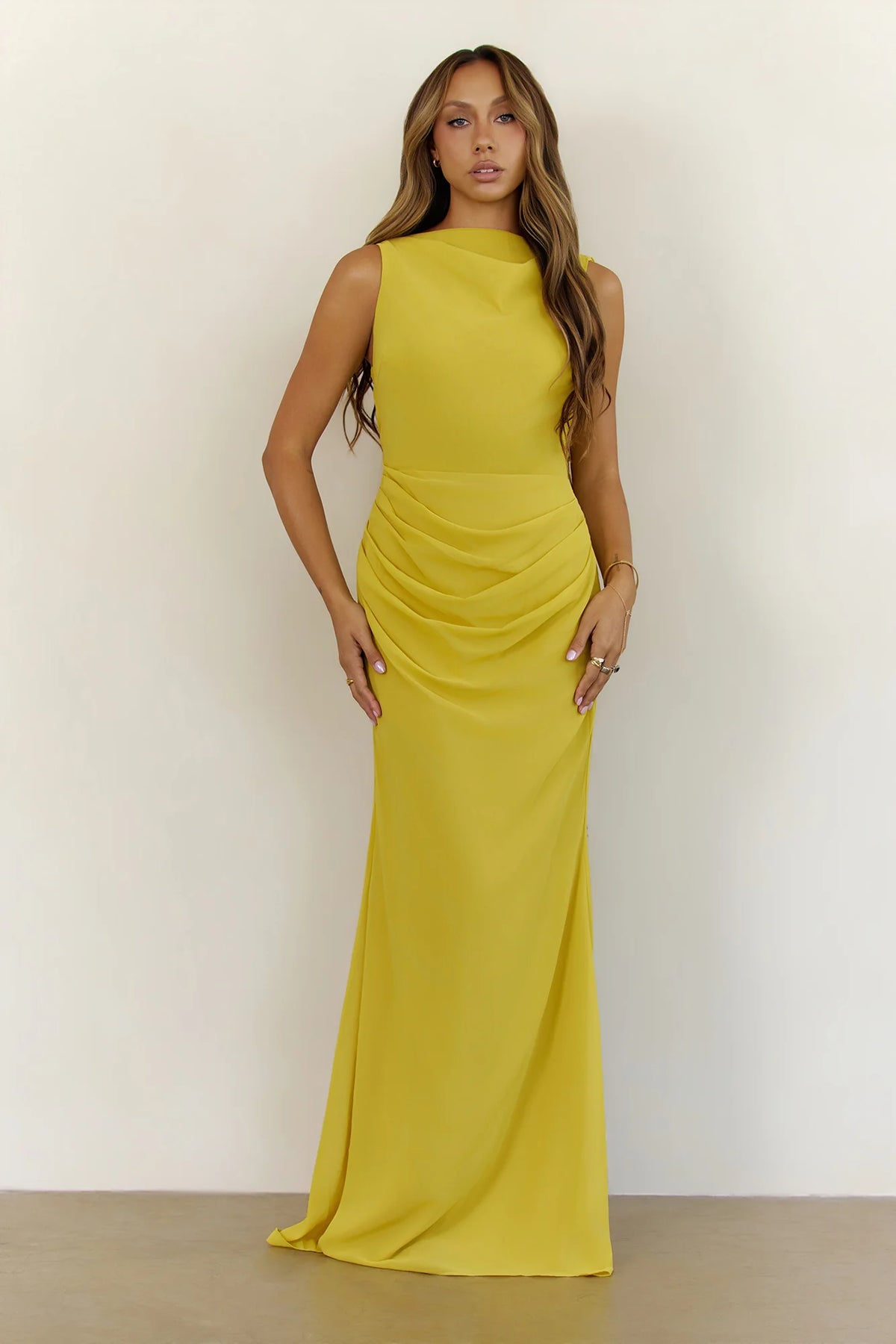 Elegant Chiffon Draped Cowl Back Maxi Dress Yellow