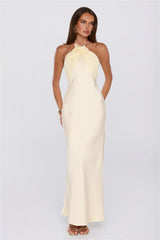 Irresistibly Sleek Halter Satin Maxi Dress Yellow