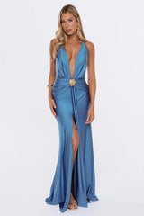 Black Tie Social Halter Maxi Dress Slate Blue
