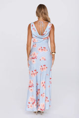 Elegant Garden Satin Cowl Neck Maxi Dress Blue