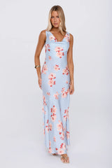 Elegant Garden Satin Cowl Neck Maxi Dress Blue