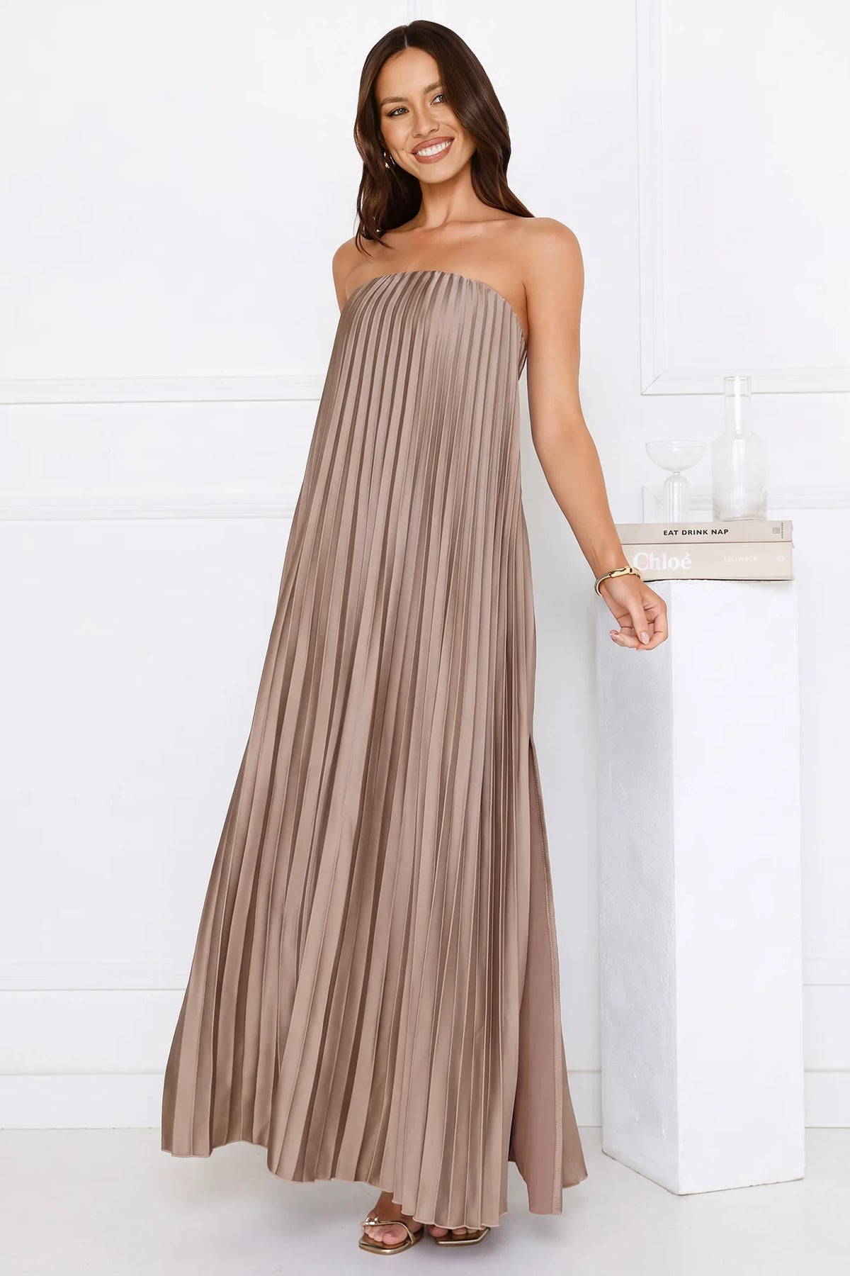 Moonlit Sea Pleated Strapless Maxi Dress Mocha