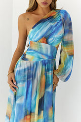 Painting The Town One Shoulder Maxi Dress Blue