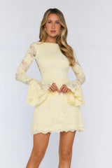 Luxe Pretty Lace Long Sleeve Mini Dress Yellow