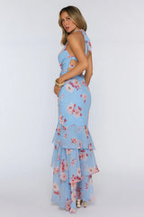 Floral Halter Twist Detail Tiered Maxi Dress Blue