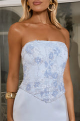 Vibes On Point Strapless Satin Maxi Dress Blue