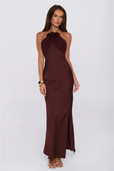 Irresistibly Sleek Halter Satin Maxi Dress Brown