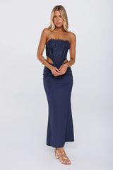 Styled Different Lace Strapless Maxi Dress Navy
