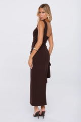 Chic One Shoulder Ruched Drape Maxi Dress Chocolate