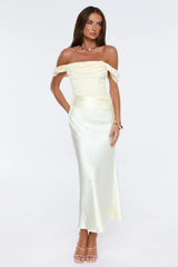Styled Story Lace Satin Off Shoulder Maxi Dress Yellow