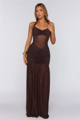 Effortless Enchantress Mesh Halter Maxi Dress Brown