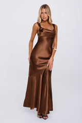 Kiss Your Crush Satin Maxi Dress Brown