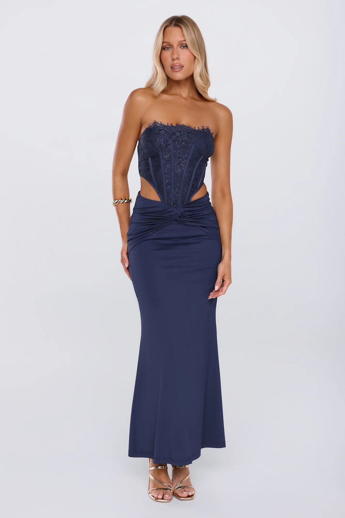 Styled Different Lace Strapless Maxi Dress Navy