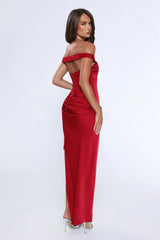 The After Party Off Shoulder Satin Maxi Dress Red