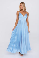 Polished Moment Satin Pleated Maxi Dress Blue