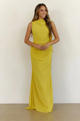 Elegant Chiffon Draped Cowl Back Maxi Dress Yellow
