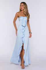 Sparked Hour Satin Polka Dot Strapless Maxi Dress Blue