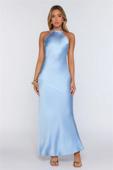 Take The Picture Satin Halter Maxi Dress Light Blue