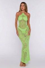 Havana Sunset Knit Halter Maxi Dress Lime Green