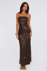 The A List Sequin Strapless Mesh Maxi Dress Brown